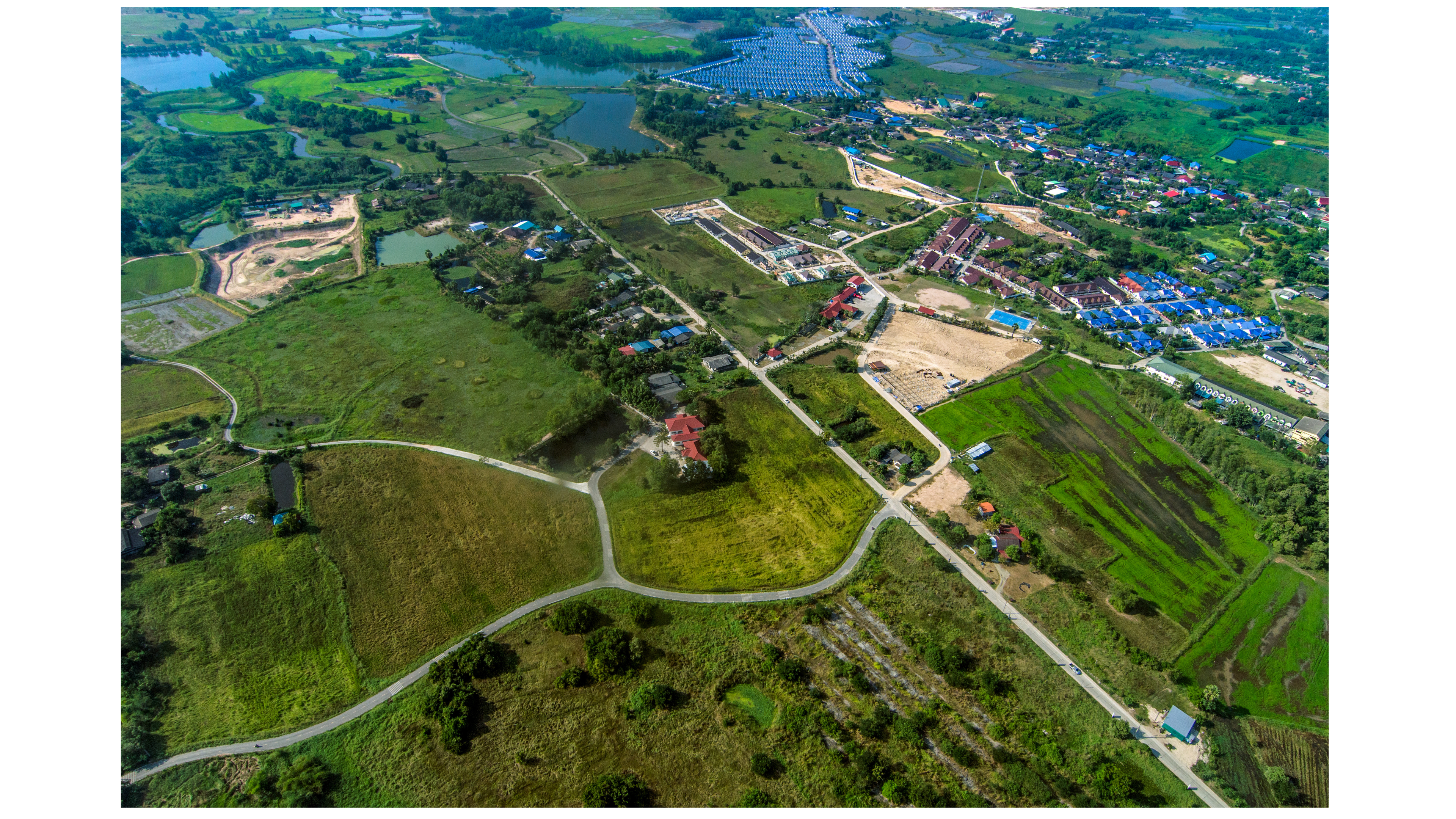 Aerial green agricultural patchwork fields and river delta